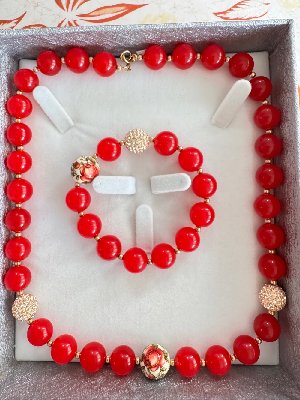 NWT Red Stone Necklace & Bracelet Set – 12K Gold Filled Clasp